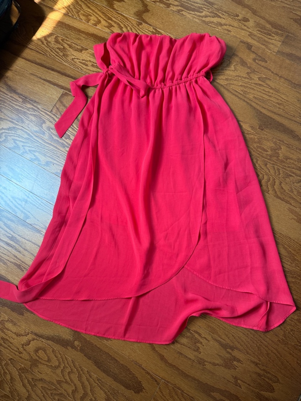 Forever 21 Strapless Red Wrap Dress Flowy Tie Waist Hi Low